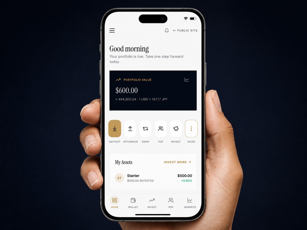 The Fexinc Fortune Capital investor app showing a live portfolio on a mobile device